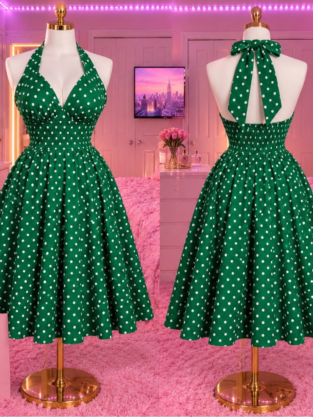 SHEIN Green Polka Dot One-Shoulder Halter Swing Dress